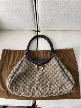 Gucci Beige Brown GG Canvas Tote with Dark Brown Trim